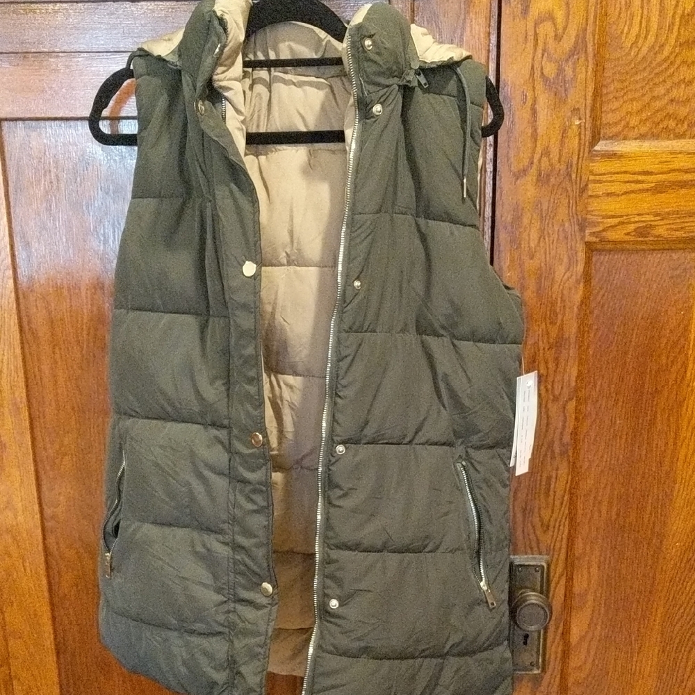Green and khaki Reversible Puffer Vest with Removable Hood
